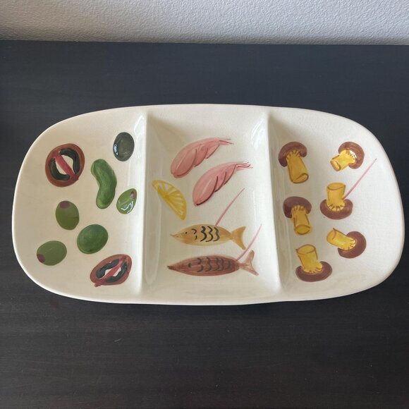 MCM 1959 Divided Appetizer Platter // Los Angeles Potteries // Hand Painted - Picture 1 of 6